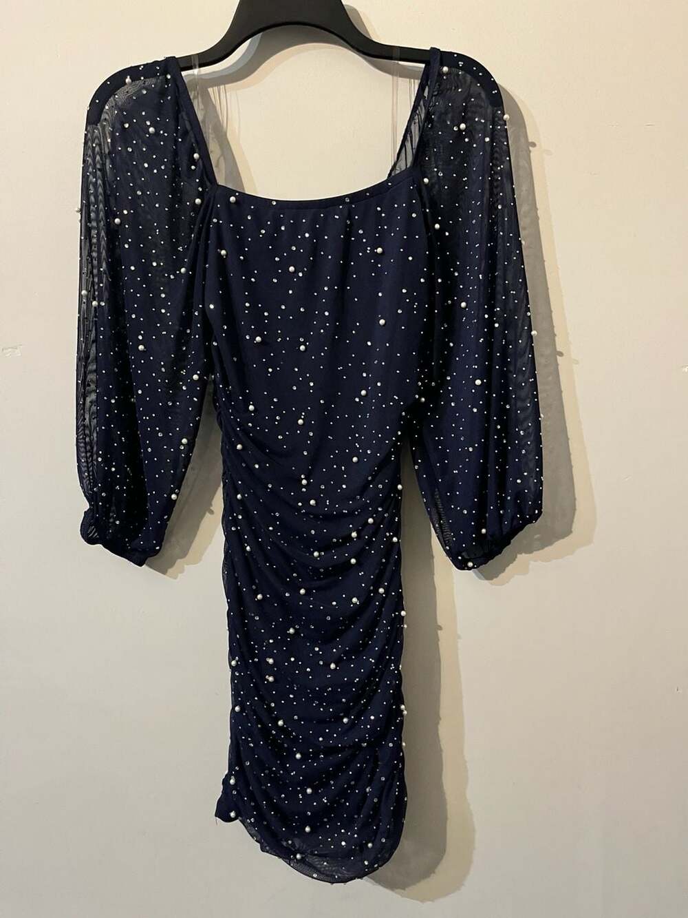 004-0013 Xtraordinary Navy Blue Long Sleeve Mesh Mini Dress with Pearls and Rhin